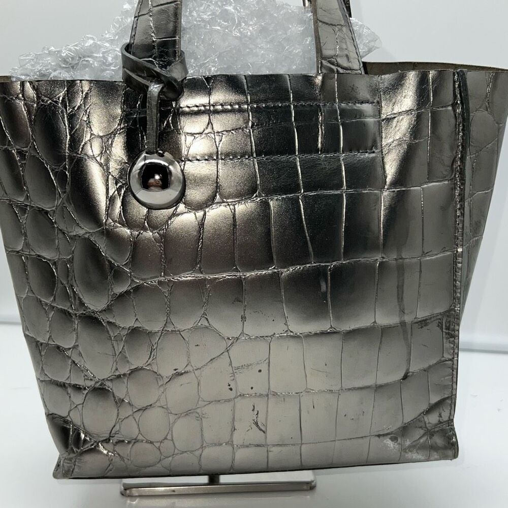 Furla Metallic Silver Croc Embossed Leather Tote Bag Made in Italy